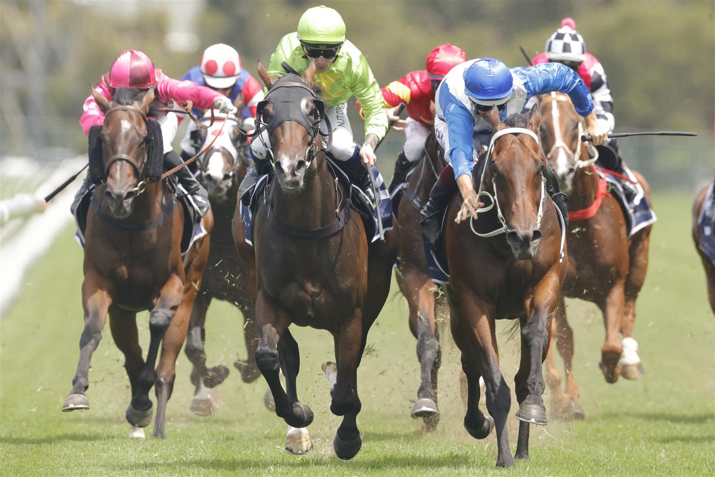 SYDNEY, AUSTRALIA - JANUARY 29: Hugh Bowman (blue) on More Sundays wins race 5 the Midway Handicap during Sydney Racing at Rosehill Gardens on January 29, 2022 in Sydney, Australia. (Photo by Jenny Evans/Getty Images)
