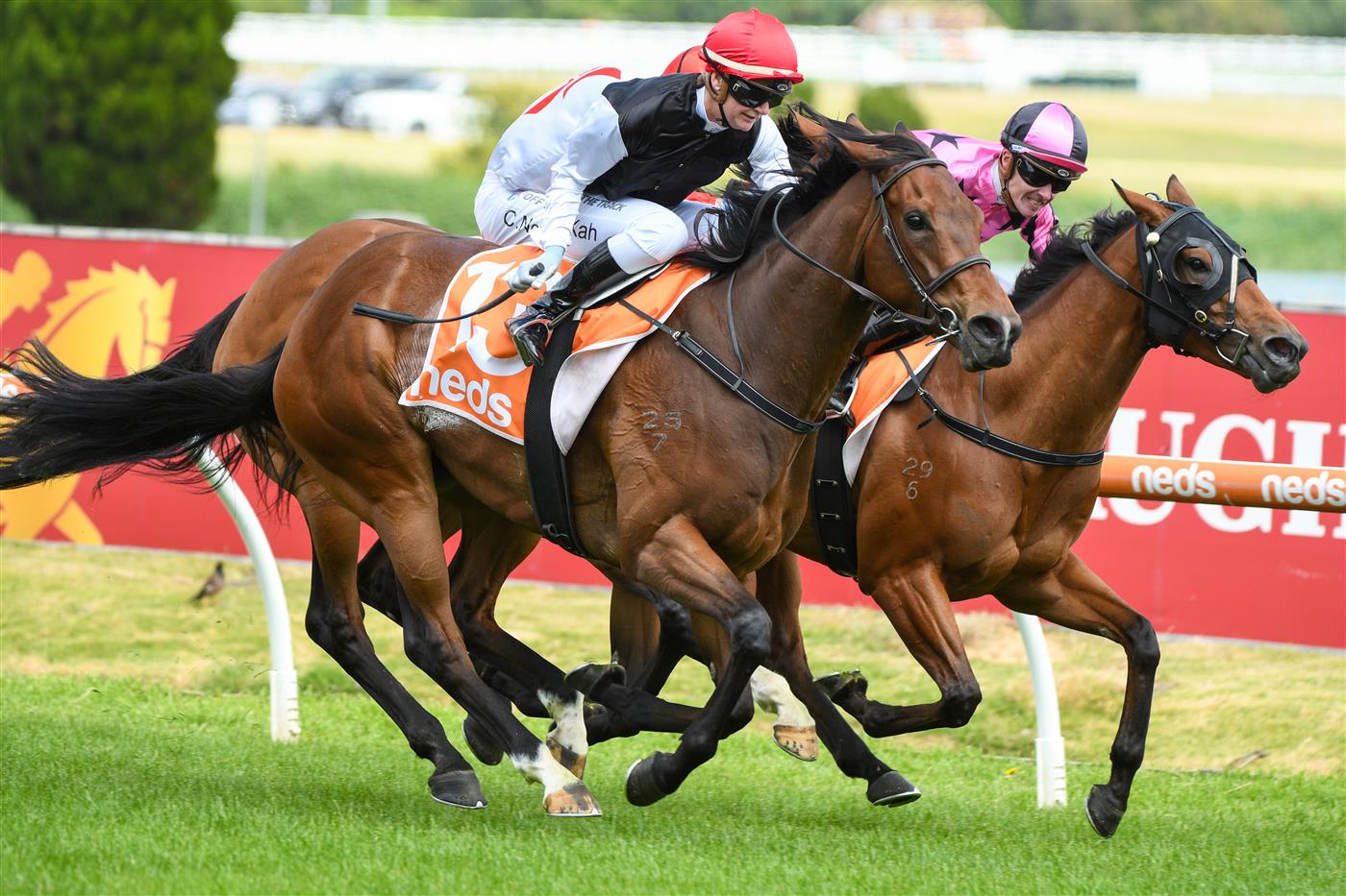 MELBOURNE, AUSTRALIA - DECEMBER 26: Jamie Kah riding Americain Angel winning  race 5,  the Ken Sturt Handicap, during Melbourne Racing at Caulfield Racecourse on December 26, 2021 in Melbourne, Australia. (Photo by Vince Caligiuri/Getty Images)