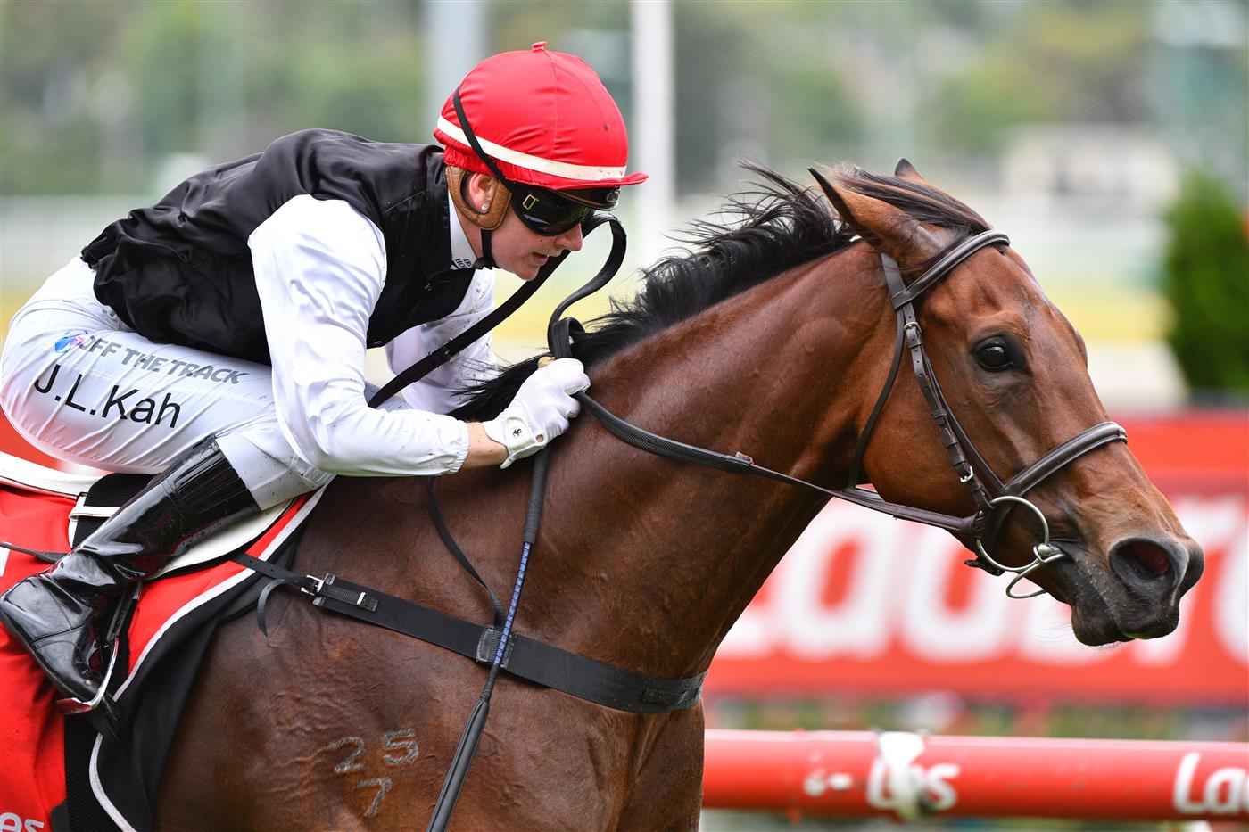 MELBOURNE, AUSTRALIA - JANUARY 29: Jamie Kah riding Americain Angel winning Race 2, the Ladbrokes Handicap, during Melbourne Racing at Moonee Valley Racecourse on January 29, 2022 in Melbourne, Australia. (Photo by Vince Caligiuri/Getty Images)