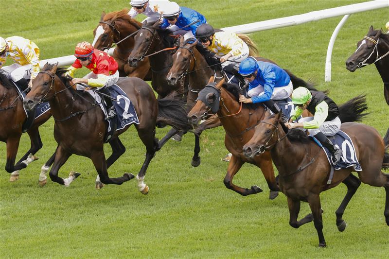 SYDNEY, AUSTRALIA - FEBRUARY 12: Sam Clipperton (green cap) on Mumbai Jewel wins race 1 the Coolmore Pierro Plate during Sydney Racing at Royal Randwick Racecourse on February 12, 2022 in Sydney, Australia. (Photo by Jenny Evans/Getty Images)