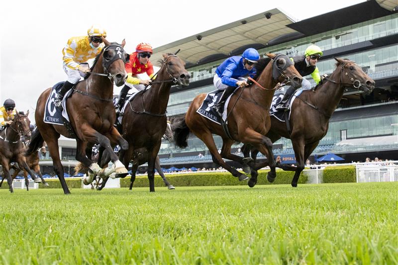 SYDNEY, AUSTRALIA - FEBRUARY 12: Sam Clipperton (green cap) on Mumbai Jewel wins race 1 the Coolmore Pierro Plate during Sydney Racing at Royal Randwick Racecourse on February 12, 2022 in Sydney, Australia. (Photo by Jenny Evans/Getty Images)
