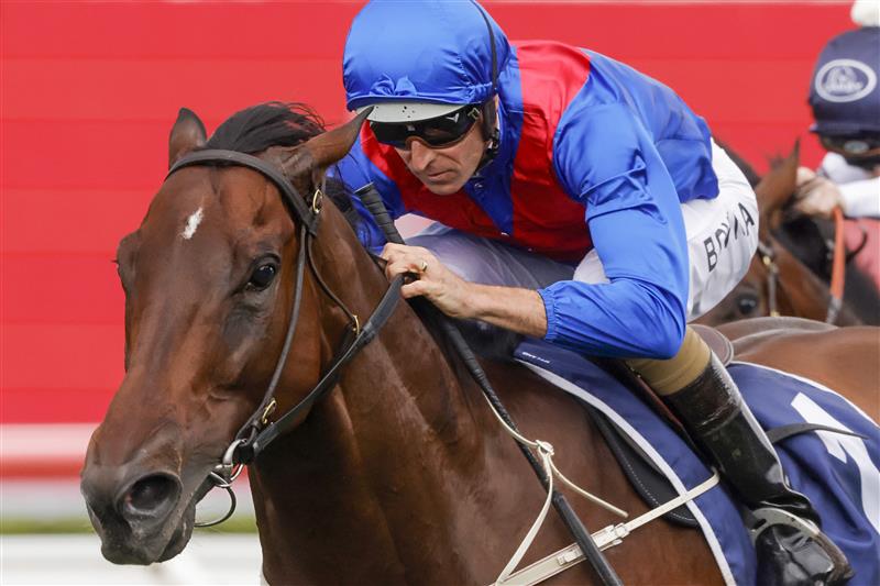 SYDNEY, AUSTRALIA - FEBRUARY 12: Hugh Bowman onLost and running wins race 6 the Southern Cross Stakes during Sydney Racing at Royal Randwick Racecourse on February 12, 2022 in Sydney, Australia. (Photo by Jenny Evans/Getty Images)