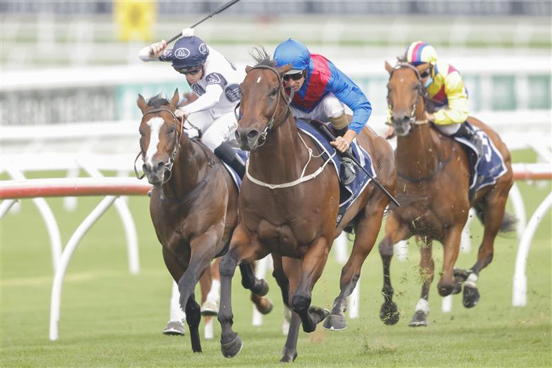 SYDNEY, AUSTRALIA - FEBRUARY 12: Hugh Bowman onLost and running wins race 6 the Southern Cross Stakes during Sydney Racing at Royal Randwick Racecourse on February 12, 2022 in Sydney, Australia. (Photo by Jenny Evans/Getty Images)
