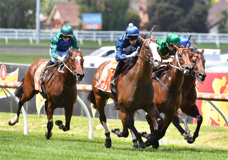 MELBOURNE, AUSTRALIA - FEBRUARY 12: Jamie Mott riding Lofty Strike winning Race 3, the Neds Blue Diamond Prelude C&g, during Melbourne Racing at Caulfield Racecourse on February 12, 2022 in Melbourne, Australia. (Photo by Vince Caligiuri/Getty Images)