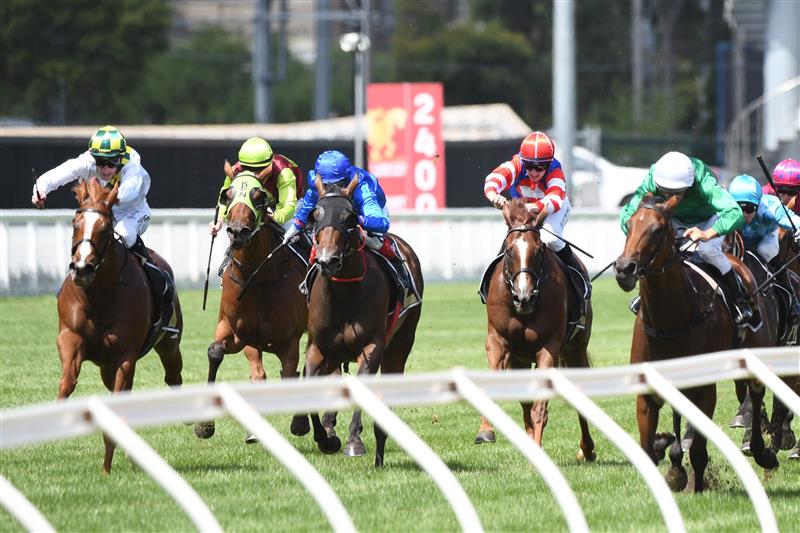MELBOURNE, AUSTRALIA - FEBRUARY 12: Mark Zahra riding Argentia (L) winning  race 5,  the Senet Kevin Hayes Stakes, during Melbourne Racing at Caulfield Racecourse on February 12, 2022 in Melbourne, Australia. (Photo by Vince Caligiuri/Getty Images)