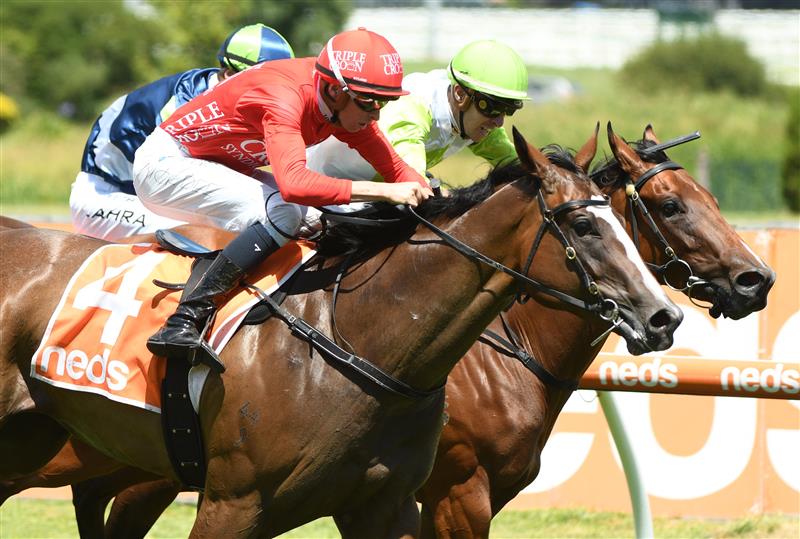 MELBOURNE, AUSTRALIA - FEBRUARY 12: Michael Dee riding Revolutionary Miss winning Race 4, the Neds Blue Diamond Prelude Fillies, during Melbourne Racing at Caulfield Racecourse on February 12, 2022 in Melbourne, Australia. (Photo by Vince Caligiuri/Getty Images)