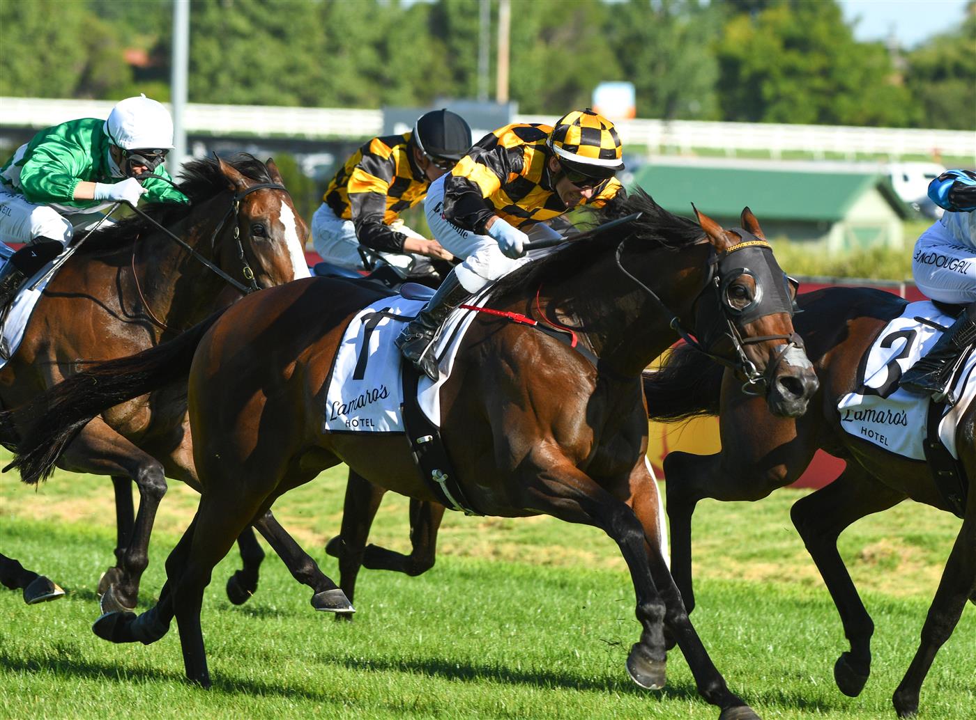 MELBOURNE, AUSTRALIA - FEBRUARY 12: Brett Prebble riding Probabeel winning Race 9, the Lamaros Hotel Geoffrey Bellmaine Stakes12, during Melbourne Racing at Caulfield Racecourse on February 12, 2022 in Melbourne, Australia. (Photo by Vince Caligiuri/Getty Images)