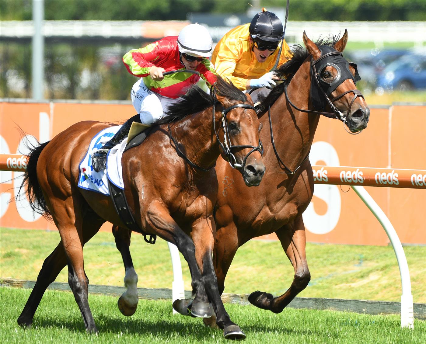 MELBOURNE, AUSTRALIA - FEBRUARY 12: Damian Lane riding Earlswood defeats Callsign Mav in race 6, the Keno T.s. Carlyon Cup, during Melbourne Racing at Caulfield Racecourse on February 12, 2022 in Melbourne, Australia. (Photo by Vince Caligiuri/Getty Images)