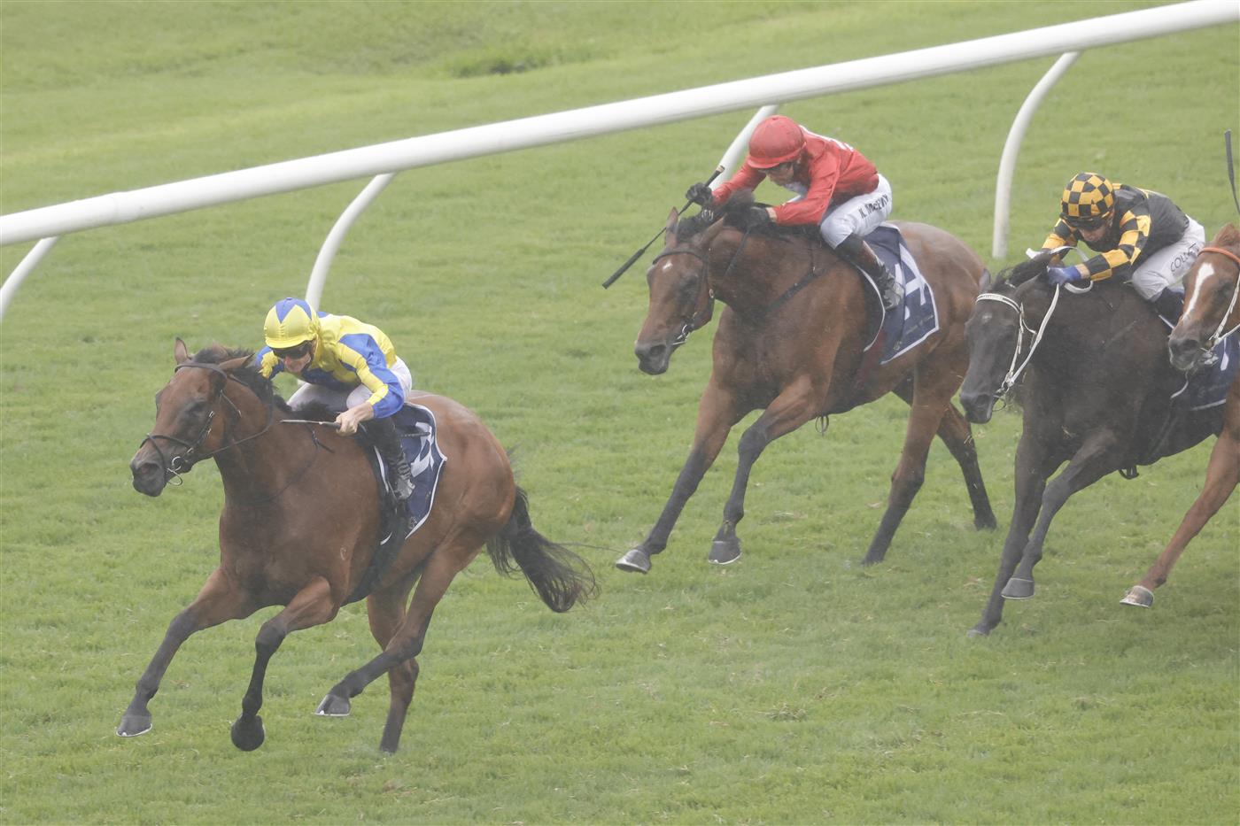 SYDNEY, AUSTRALIA - FEBRUARY 12: James McDonald (yellow) on Snap Dancer wins race 9 the Robrick Lodge Triscay Stakes during Sydney Racing at Royal Randwick Racecourse on February 12, 2022 in Sydney, Australia. (Photo by Jenny Evans/Getty Images)