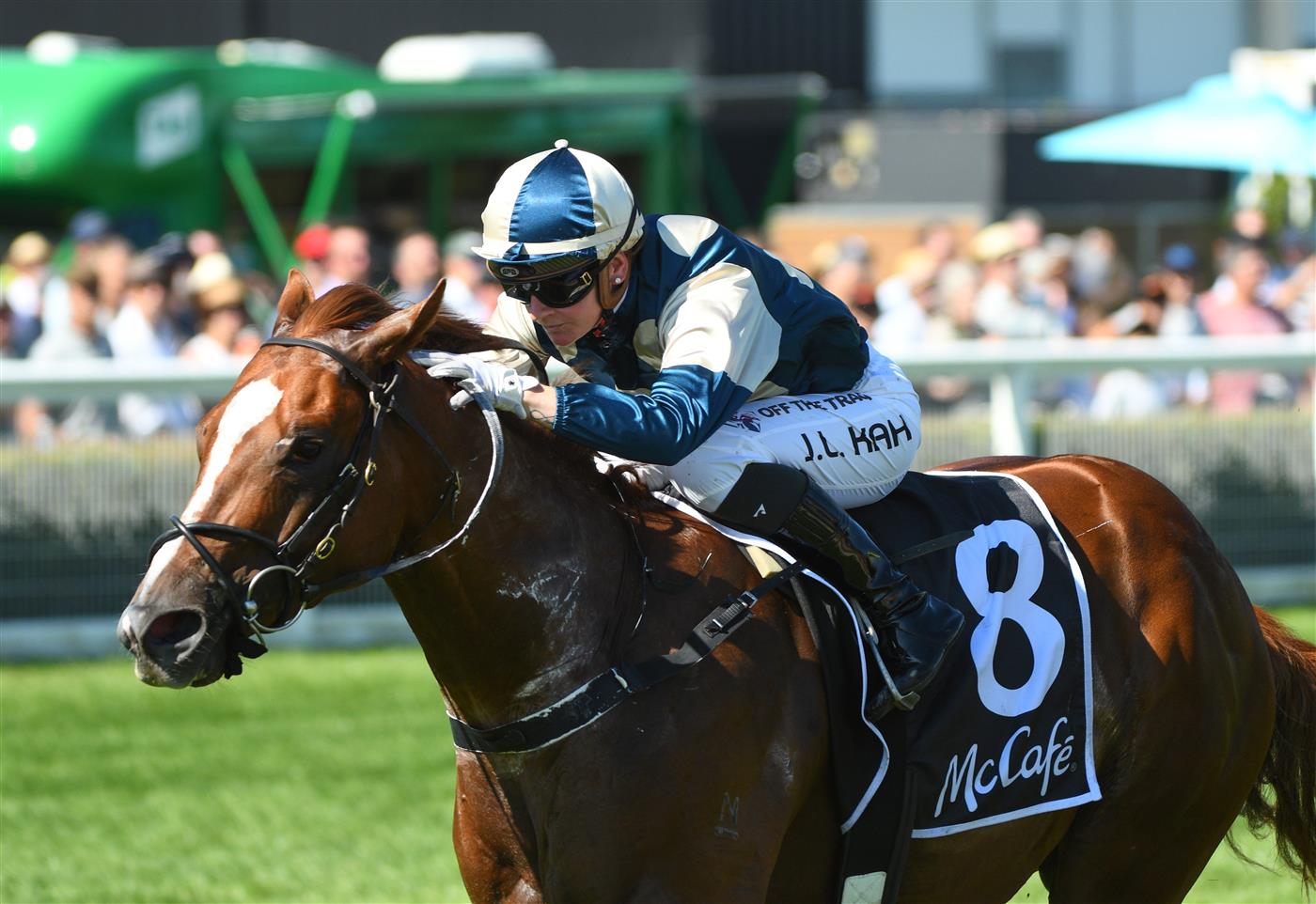 MELBOURNE, AUSTRALIA - FEBRUARY 12: Jamie Kah riding Marine One winning Race 7, the Mccafe Rubiton Stakes, during Melbourne Racing at Caulfield Racecourse on February 12, 2022 in Melbourne, Australia. (Photo by Vince Caligiuri/Getty Images)
