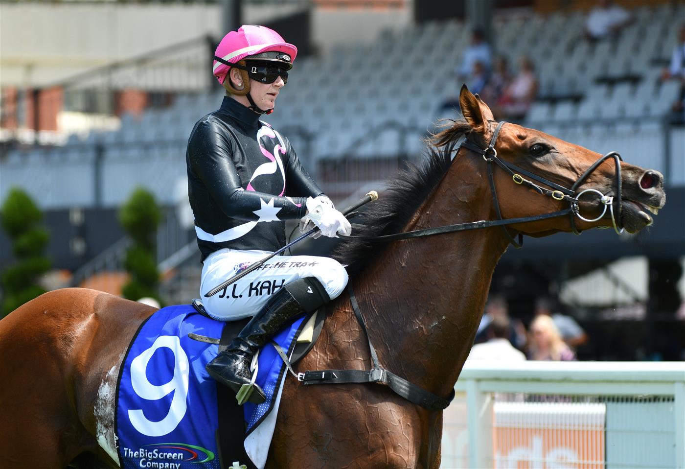 MELBOURNE, AUSTRALIA - FEBRUARY 12: Jamie Kah riding Unanimous after winning Race 1, the The Big Screen Company Handicap, during Melbourne Racing at Caulfield Racecourse on February 12, 2022 in Melbourne, Australia. (Photo by Vince Caligiuri/Getty Images)