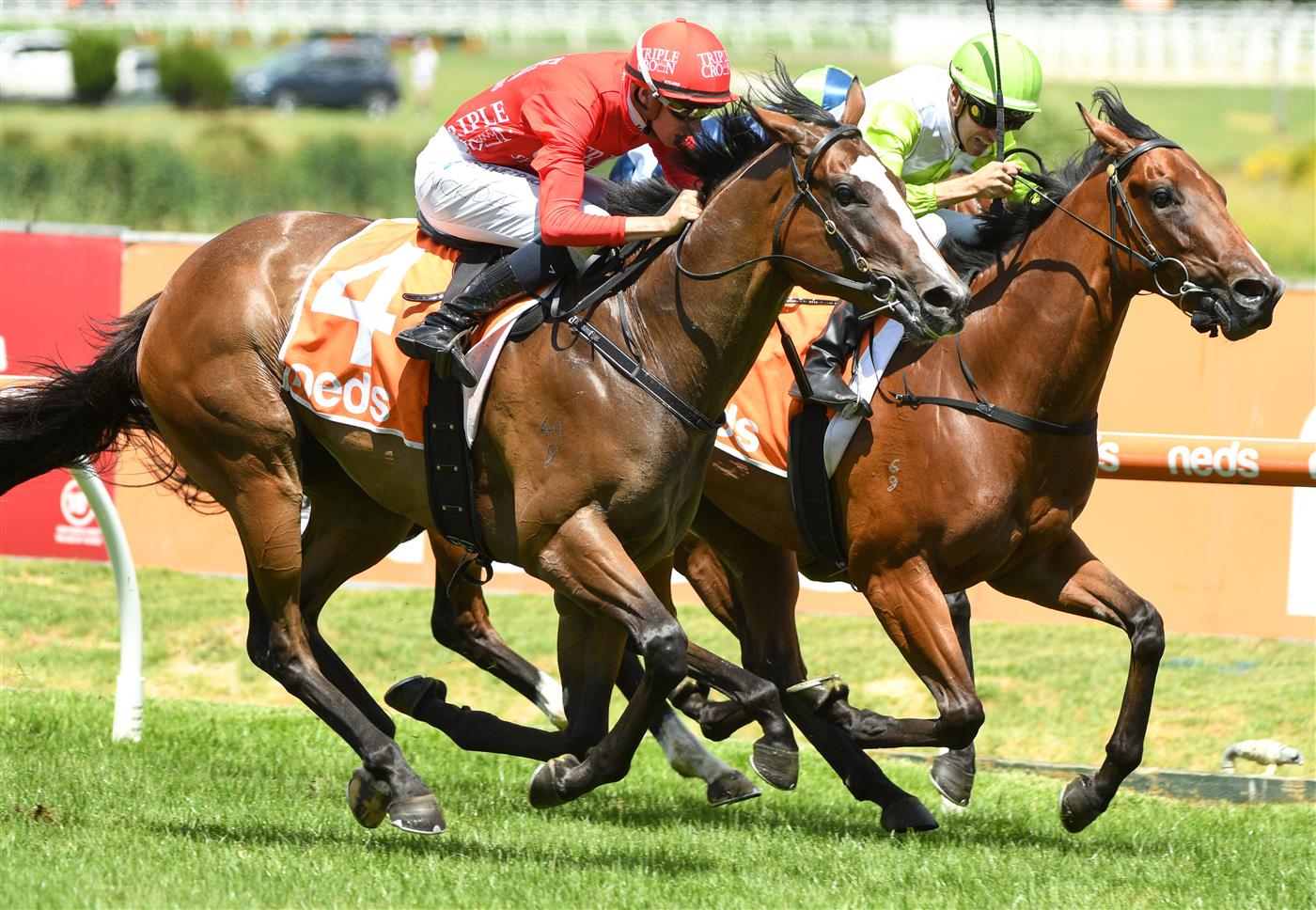 MELBOURNE, AUSTRALIA - FEBRUARY 12: Michael Dee riding Revolutionary Miss winning Race 4, the Neds Blue Diamond Prelude Fillies, during Melbourne Racing at Caulfield Racecourse on February 12, 2022 in Melbourne, Australia. (Photo by Vince Caligiuri/Getty Images)