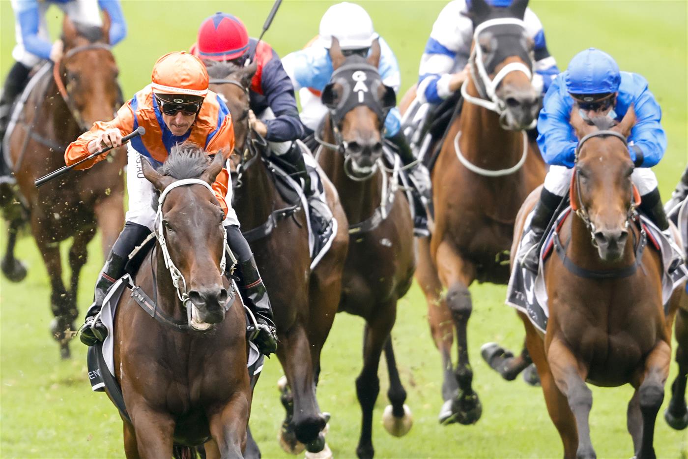 SYDNEY, AUSTRALIA - FEBRUARY 12: Nash Rawiller (orange) on Think it over wins race 8 The Agency Apollo Stakes during Sydney Racing at Royal Randwick Racecourse on February 12, 2022 in Sydney, Australia. (Photo by Jenny Evans/Getty Images)