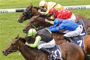 SYDNEY, AUSTRALIA - FEBRUARY 12: Sam Clipperton (green cap) on Mumbai Jewel wins race 1 the Coolmore Pierro Plate during Sydney Racing at Royal Randwick Racecourse on February 12, 2022 in Sydney, Australia. (Photo by Jenny Evans/Getty Images)