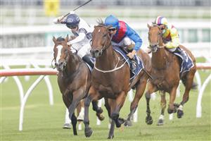 SYDNEY, AUSTRALIA - FEBRUARY 12: Hugh Bowman onLost and running wins race 6 the Southern Cross Stakes during Sydney Racing at Royal Randwick Racecourse on February 12, 2022 in Sydney, Australia. (Photo by Jenny Evans/Getty Images)