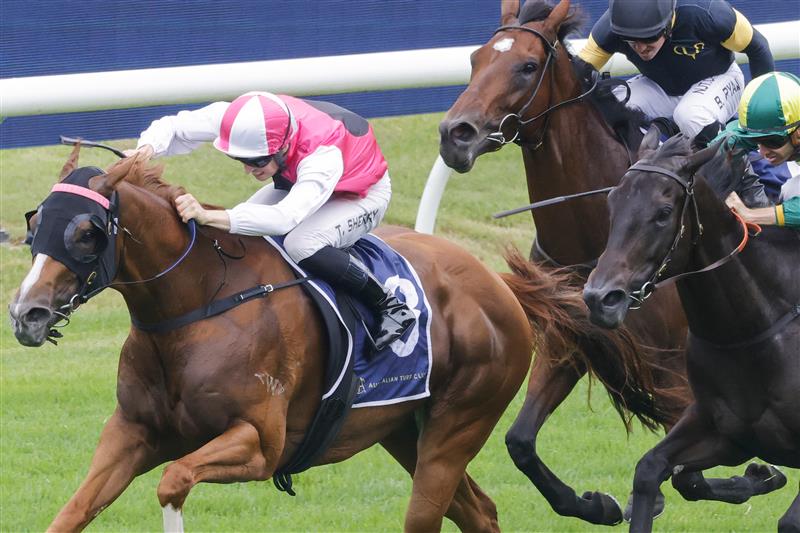 SYDNEY, AUSTRALIA - FEBRUARY 19: Tom Sherry on Expat wins race 4 the Rosehill Bowling Club Millie Fox Stakes during Sydney Racing at Rosehill Gardens on February 19, 2022 in Sydney, Australia. (Photo by Jenny Evans/Getty Images)