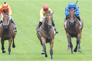 SYDNEY, AUSTRALIA - FEBRUARY 19: Tim Clark (yellow, red cap) on Rule of Law wins race 2 the Schweppes Handicap during Sydney Racing at Rosehill Gardens on February 19, 2022 in Sydney, Australia. (Photo by Jenny Evans/Getty Images)