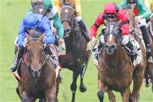 SYDNEY, AUSTRALIA - FEBRUARY 19: Tommy Berry (blue) on Anamoe wins race 8 the Petaluma Hobartville Stakes during Sydney Racing at Rosehill Gardens on February 19, 2022 in Sydney, Australia. (Photo by Jenny Evans/Getty Images)