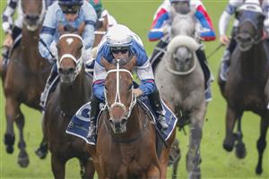 SYDNEY, AUSTRALIA - FEBRUARY 19: Tommy Berry on Mightybeel wins race 7 the Parramatta Cup during Sydney Racing at Rosehill Gardens on February 19, 2022 in Sydney, Australia. (Photo by Jenny Evans/Getty Images)