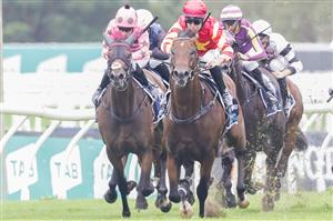 SYDNEY, AUSTRALIA - FEBRUARY 19: Tommy Berry (red) on Military expert wins the Midway Handicap during Sydney Racing at Rosehill Gardens on February 19, 2022 in Sydney, Australia. (Photo by Jenny Evans/Getty Images)