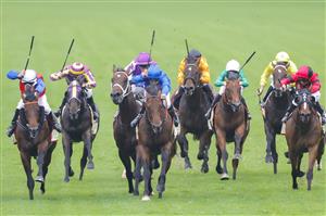 SYDNEY, AUSTRALIA - FEBRUARY 19: Tommy Berry (blue) on Anamoe wins race 8 the Petaluma Hobartville Stakes during Sydney Racing at Rosehill Gardens on February 19, 2022 in Sydney, Australia. (Photo by Jenny Evans/Getty Images)