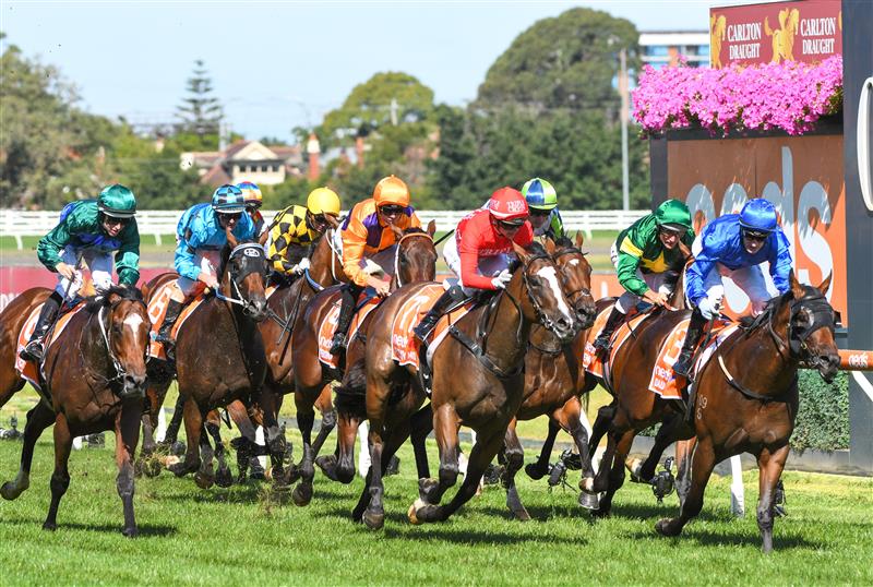 MELBOURNE, AUSTRALIA - FEBRUARY 26: Mark Zahra riding Daumier (blue) winning Race 7, the Neds Blue Diamond Stakes,  during Melbourne Racing at Caulfield Racecourse on February 26, 2022 in Melbourne, Australia. (Photo by Vince Caligiuri/Getty Images)