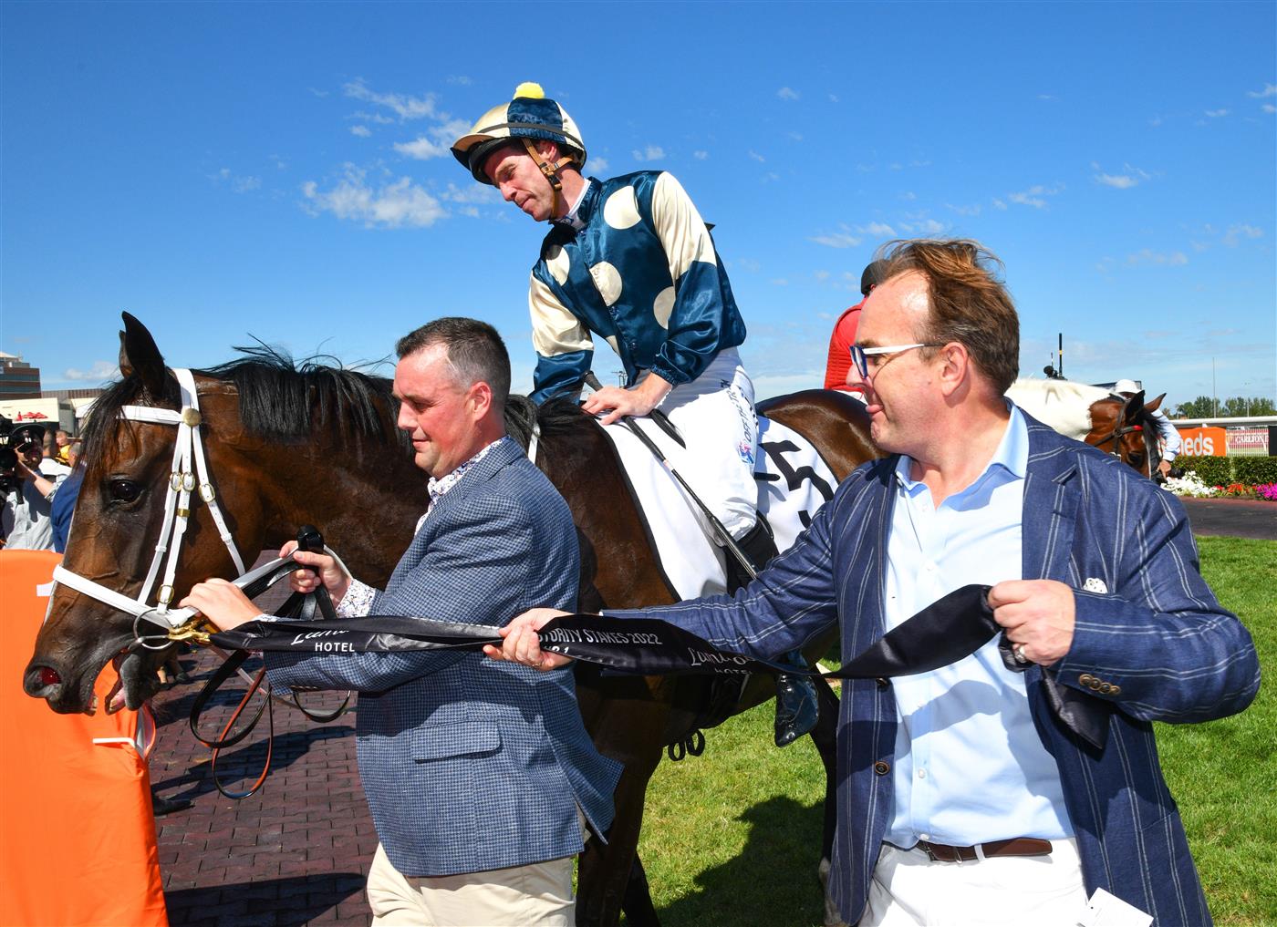 MELBOURNE, AUSTRALIA - FEBRUARY 26: John Allen riding Sierra Sue winning Race 6, the Lamaro's Hotel Futurity Stakes, during Melbourne Racing at Caulfield Racecourse on February 26, 2022 in Melbourne, Australia. (Photo by Vince Caligiuri/Getty Images)