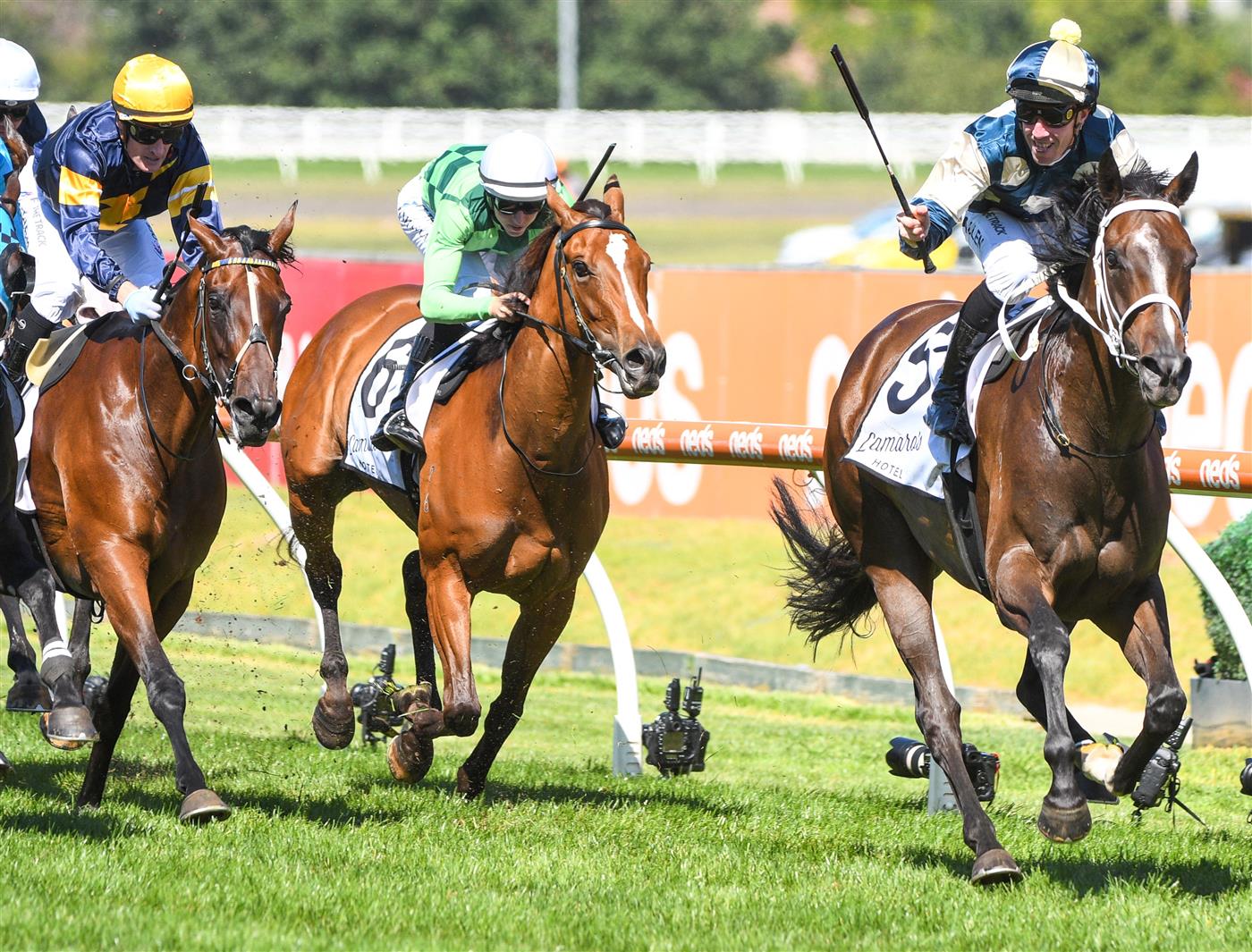 MELBOURNE, AUSTRALIA - FEBRUARY 26: John Allen riding Sierra Sue winning Race 6, the Lamaro's Hotel Futurity Stakes, during Melbourne Racing at Caulfield Racecourse on February 26, 2022 in Melbourne, Australia. (Photo by Vince Caligiuri/Getty Images)