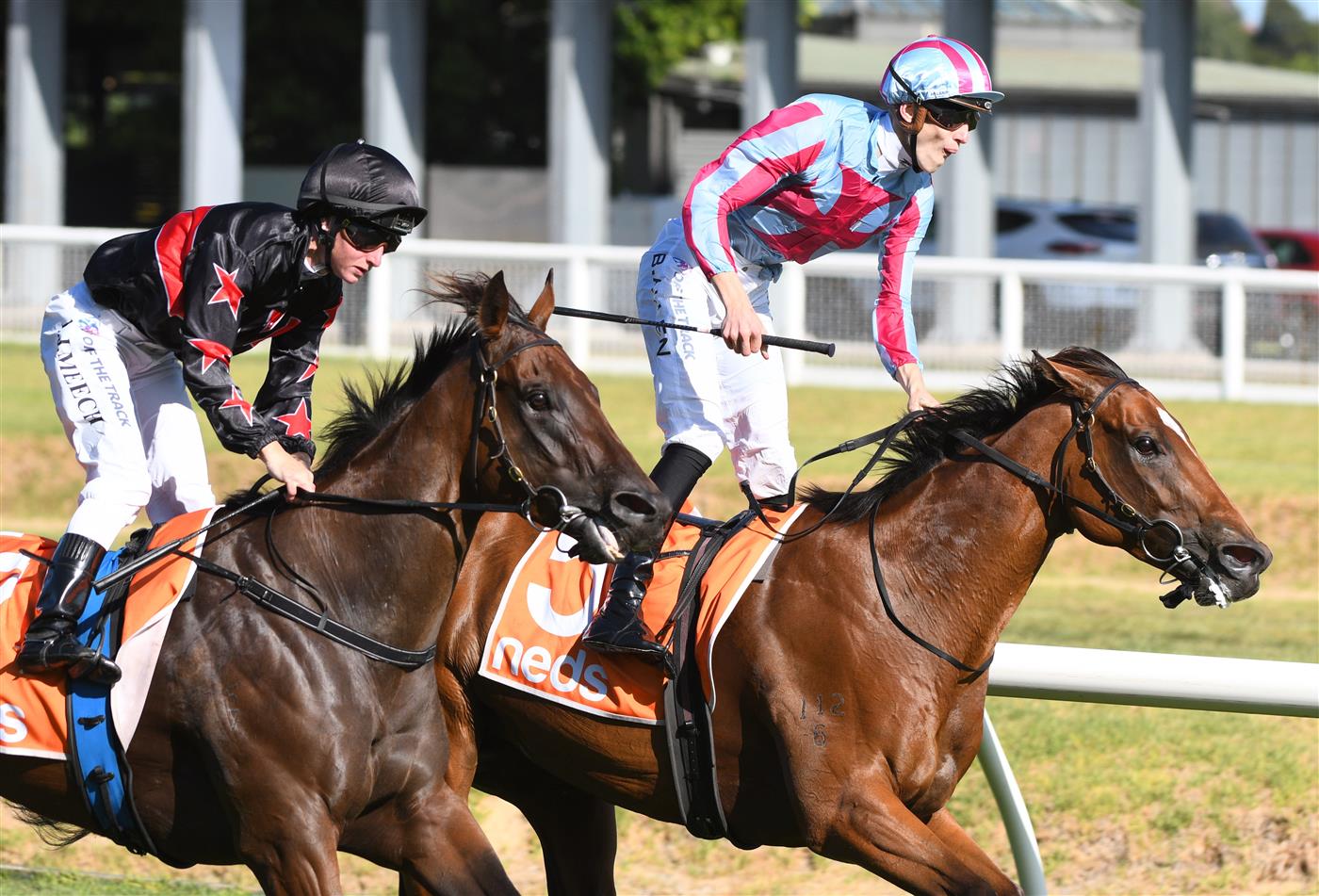 MELBOURNE, AUSTRALIA - FEBRUARY 26: Ben Allen riding Marabi defeats Linda Meech riding Away Game in Race 8,  the Neds Oakleigh Plate, during Melbourne Racing at Caulfield Racecourse on February 26, 2022 in Melbourne, Australia. (Photo by Vince Caligiuri/Getty Images)