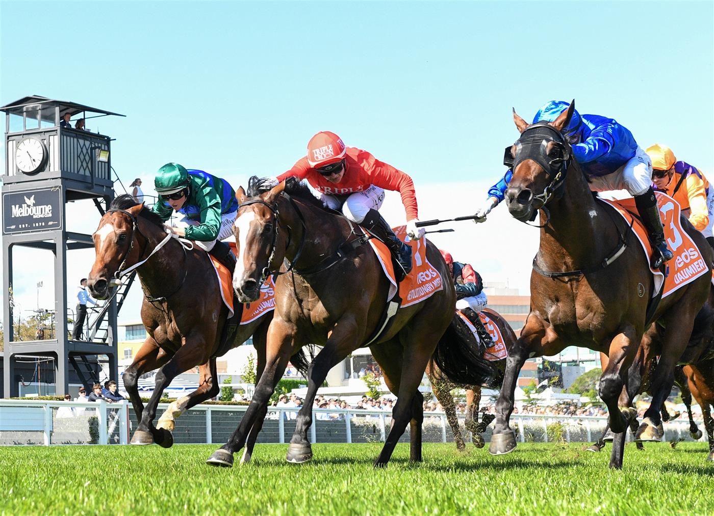 MELBOURNE, AUSTRALIA - FEBRUARY 26: Mark Zahra riding Daumier (R) winning Race 7, the Neds Blue Diamond Stakes,  during Melbourne Racing at Caulfield Racecourse on February 26, 2022 in Melbourne, Australia. (Photo by Vince Caligiuri/Getty Images)