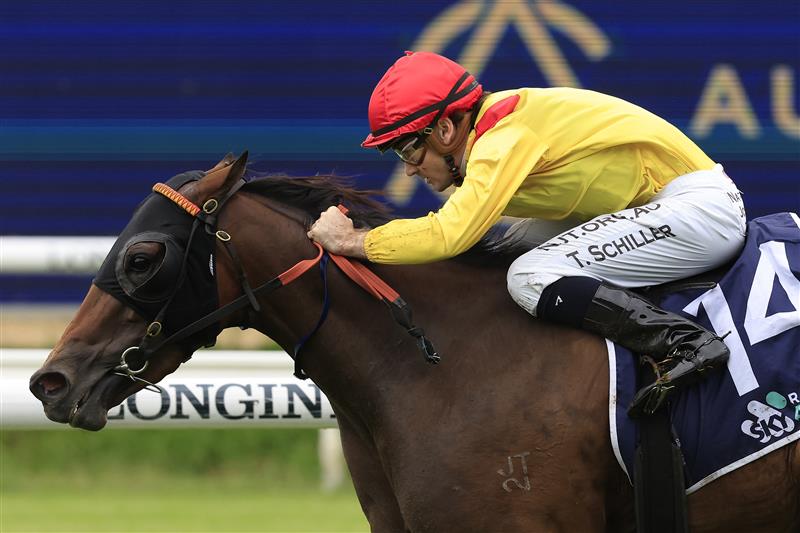 SYDNEY, AUSTRALIA - MARCH 05: Tyler Schiller on Cap Estel wins race 1 the Midway Handicap during Sydney Racing at Royal Randwick Racecourse on March 05, 2022 in Sydney, Australia. (Photo by Mark Evans/Getty Images)