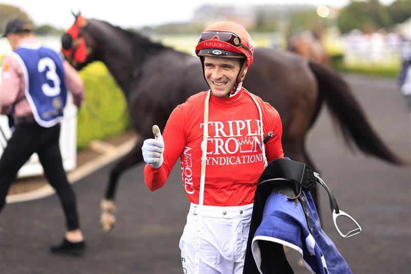 SYDNEY, AUSTRALIA - MARCH 05: Sam Clipperton on Mazu returns to scale after winning race 6 the Tokyo City Keiba Fireball Stakes during Sydney Racing at Royal Randwick Racecourse on March 05, 2022 in Sydney, Australia. (Photo by Mark Evans/Getty Images)