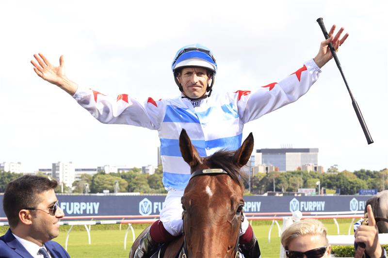SYDNEY, AUSTRALIA - MARCH 05: Hugh Bowman on Forbidden Love returns to scale after winning race 7 the Furphy Canterbury Stakes during Sydney Racing at Royal Randwick Racecourse on March 05, 2022 in Sydney, Australia. (Photo by Mark Evans/Getty Images)