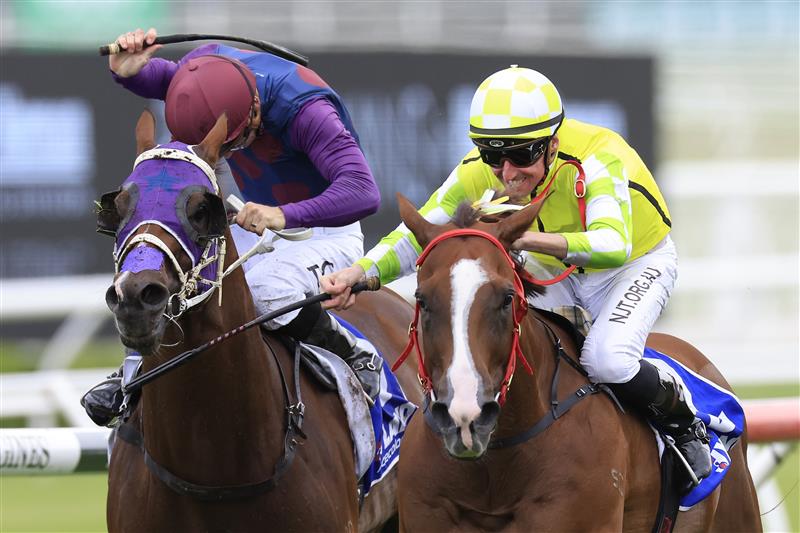 SYDNEY, AUSTRALIA - MARCH 05: Nash Rawiller on Eduardo wins race 5 the Hyland Race Colours Challenge Stakes during Sydney Racing at Royal Randwick Racecourse on March 05, 2022 in Sydney, Australia. (Photo by Mark Evans/Getty Images)