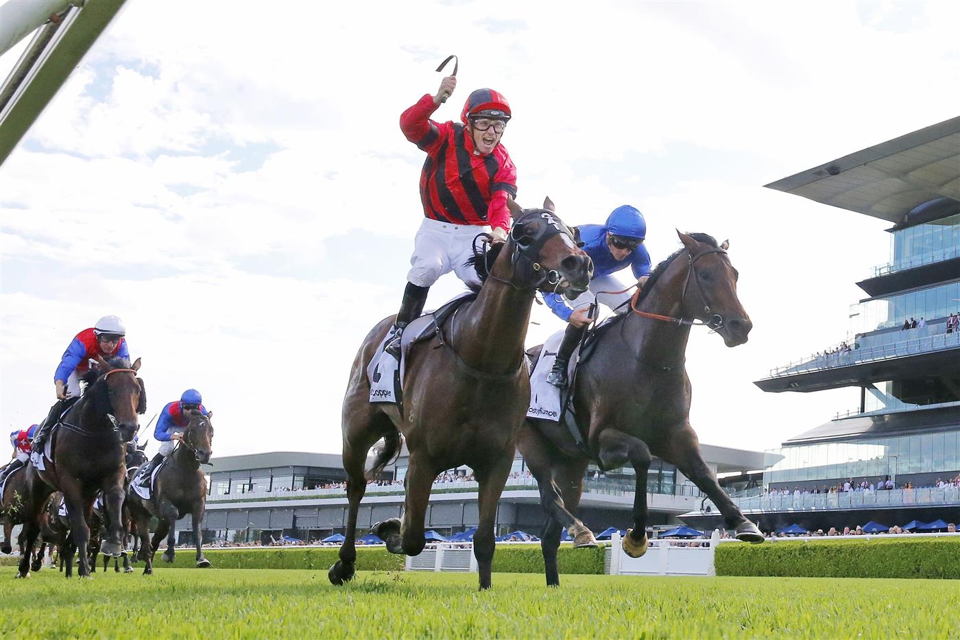 SYDNEY, AUSTRALIA - MARCH 05: Tim Clark on Converge wins race 8 the Mostyn Copper Randwick Guineas during Sydney Racing at Royal Randwick Racecourse on March 05, 2022 in Sydney, Australia. (Photo by Mark Evans/Getty Images)