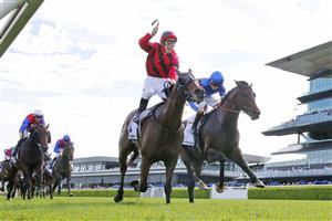 SYDNEY, AUSTRALIA - MARCH 05: Tim Clark on Converge wins race 8 the Mostyn Copper Randwick Guineas during Sydney Racing at Royal Randwick Racecourse on March 05, 2022 in Sydney, Australia. (Photo by Mark Evans/Getty Images)