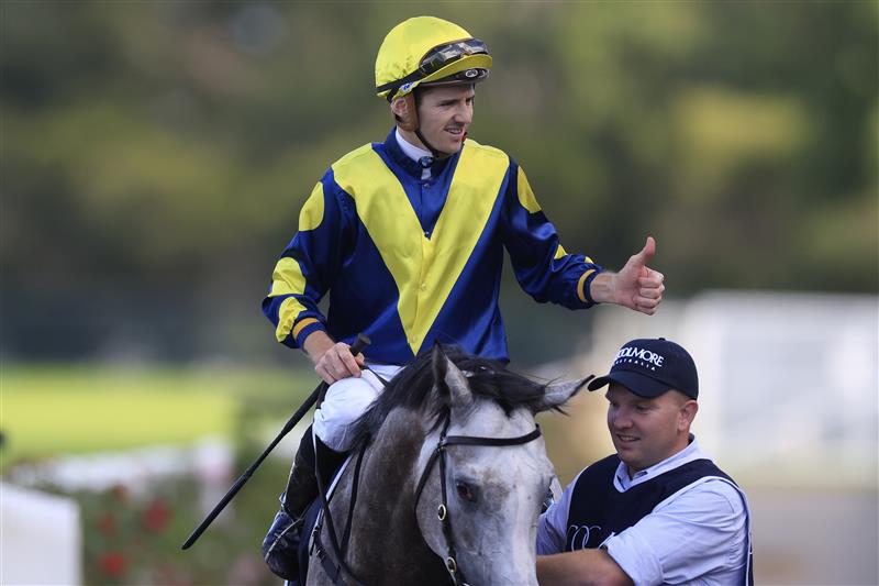 SYDNEY, AUSTRALIA - MARCH 12: Jason Collett on Lighthouse returns to scale after winning race 8 the Coolmore Classic during Sydney Racing Chandon Ladies Day at Rosehill Gardens on March 12, 2022 in Sydney, Australia. (Photo by Mark Evans/Getty Images)