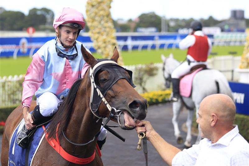SYDNEY, AUSTRALIA - MARCH 12: Reece Jones on Invincible Kiss returns to scale after winning race 1 the Midway Handicap during Sydney Racing Chandon Ladies Day at Rosehill Gardens on March 12, 2022 in Sydney, Australia. (Photo by Mark Evans/Getty Images)