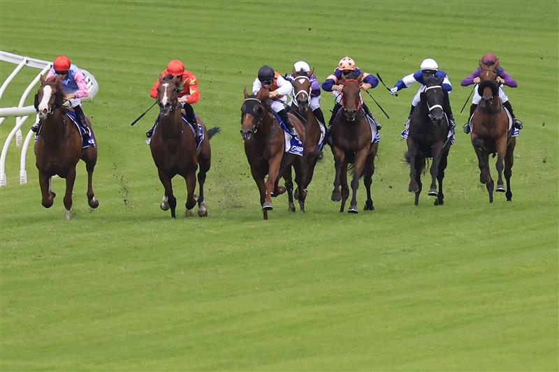 SYDNEY, AUSTRALIA - MARCH 12: Jason Collett on Just Folk wins race 4 the Hyland Race Colours Ajax Stakes during Sydney Racing Chandon Ladies Day at Rosehill Gardens on March 12, 2022 in Sydney, Australia. (Photo by Mark Evans/Getty Images)