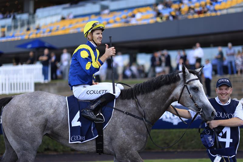 SYDNEY, AUSTRALIA - MARCH 12: Jason Collett on Lighthouse returns to scale after winning race 8 the Coolmore Classic during Sydney Racing Chandon Ladies Day at Rosehill Gardens on March 12, 2022 in Sydney, Australia. (Photo by Mark Evans/Getty Images)