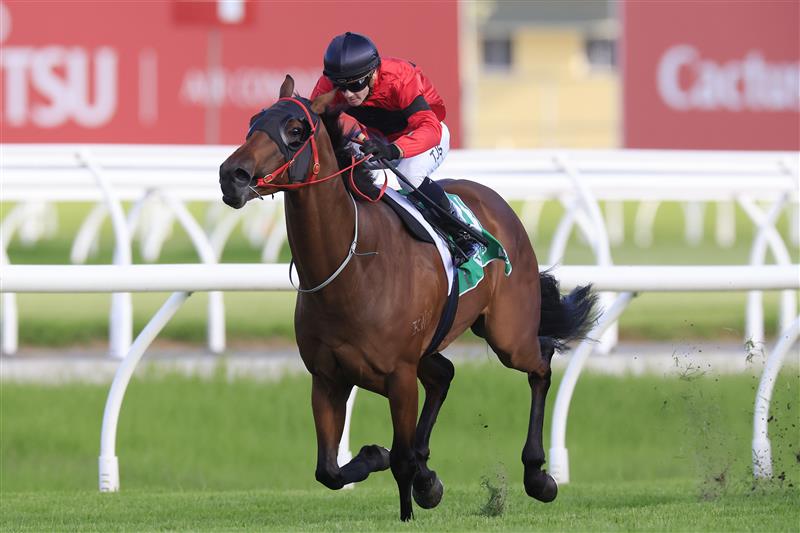 SYDNEY, AUSTRALIA - MARCH 12: Tyler Schiller on Taksu wins  race 9 the Vale Alan Brown AM Handicap during Sydney Racing Chandon Ladies Day at Rosehill Gardens on March 12, 2022 in Sydney, Australia. (Photo by Mark Evans/Getty Images)