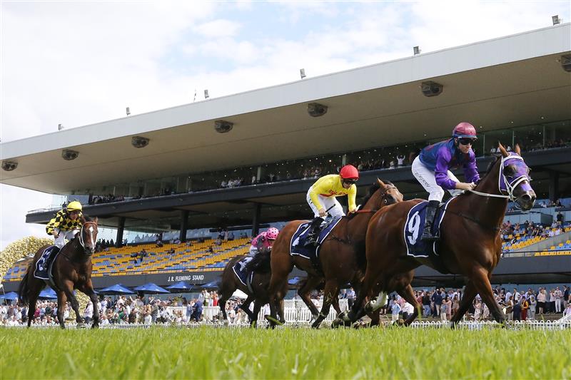 SYDNEY, AUSTRALIA - MARCH 12: Tommy Berry on Shelby Sixtysix wins race 5 the City Tattersalls Group Maurice McCarten Stakes during Sydney Racing Chandon Ladies Day at Rosehill Gardens on March 12, 2022 in Sydney, Australia. (Photo by Mark Evans/Getty Images)
