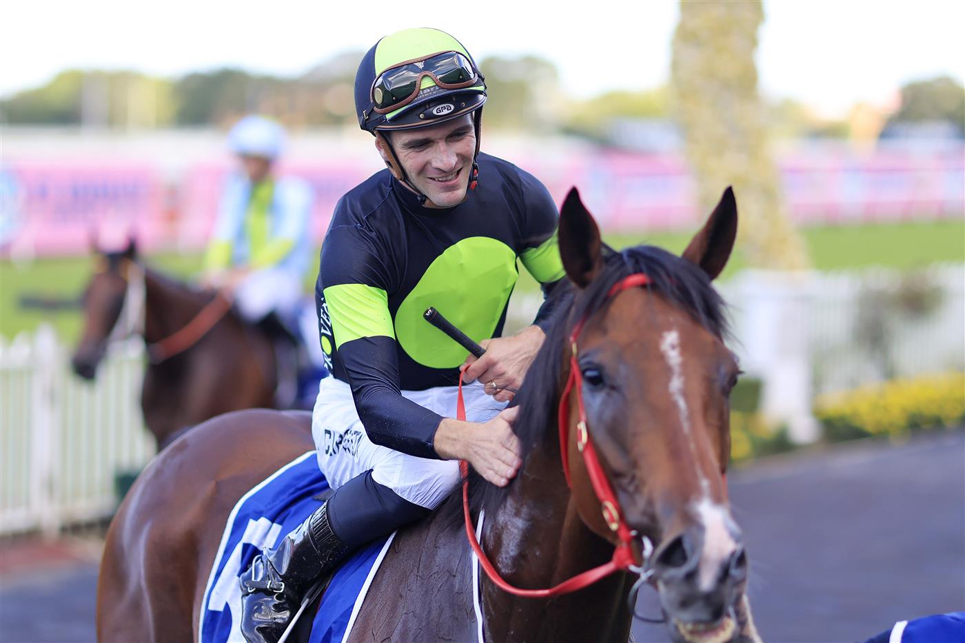 SYDNEY, AUSTRALIA - MARCH 12: Sam Clipperton on Stockman returns to scale after winning race 7 the Furphy Sky High Stakes during Sydney Racing Chandon Ladies Day at Rosehill Gardens on March 12, 2022 in Sydney, Australia. (Photo by Mark Evans/Getty Images)