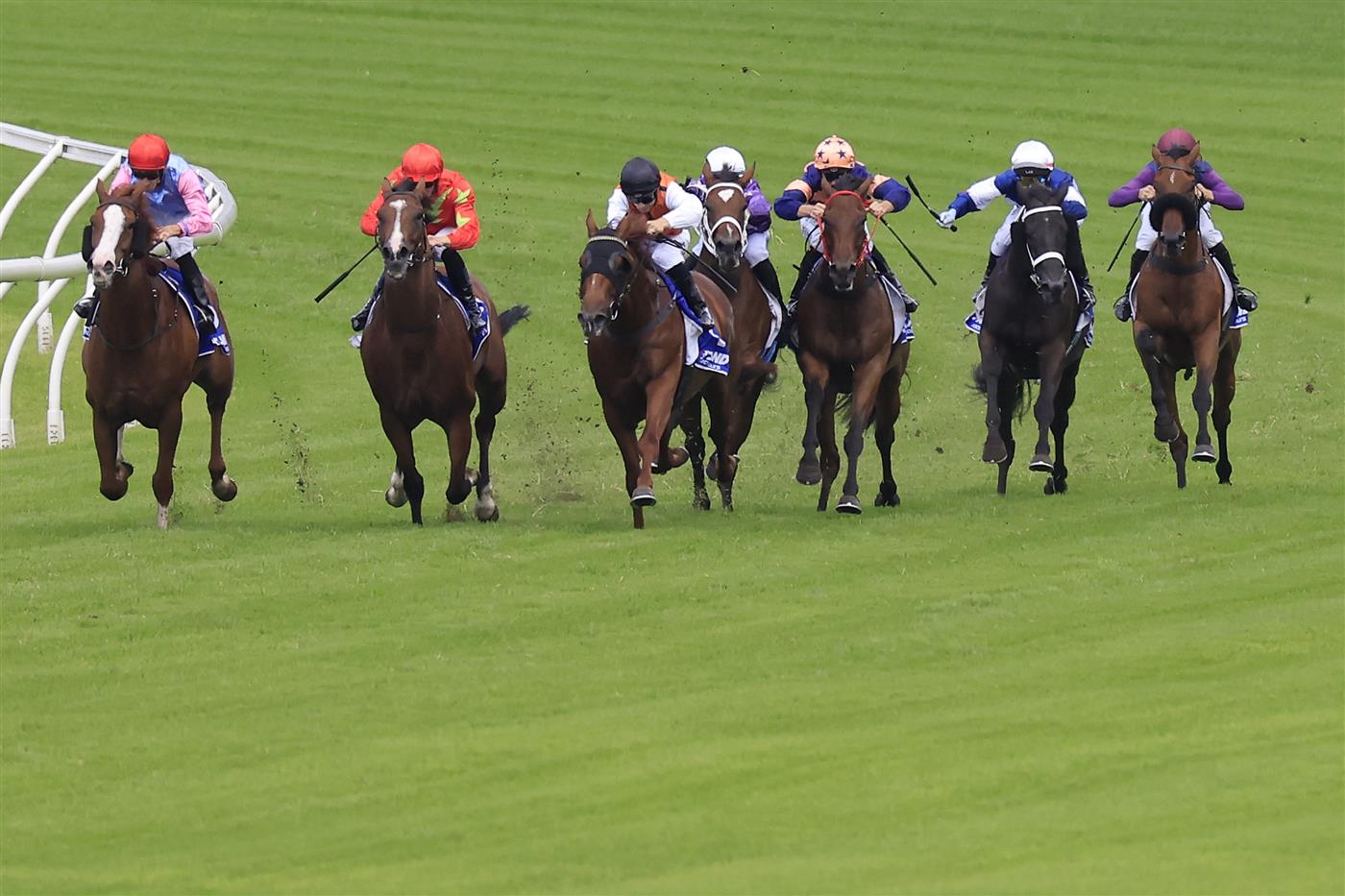 SYDNEY, AUSTRALIA - MARCH 12: Jason Collett on Just Folk wins race 4 the Hyland Race Colours Ajax Stakes during Sydney Racing Chandon Ladies Day at Rosehill Gardens on March 12, 2022 in Sydney, Australia. (Photo by Mark Evans/Getty Images)