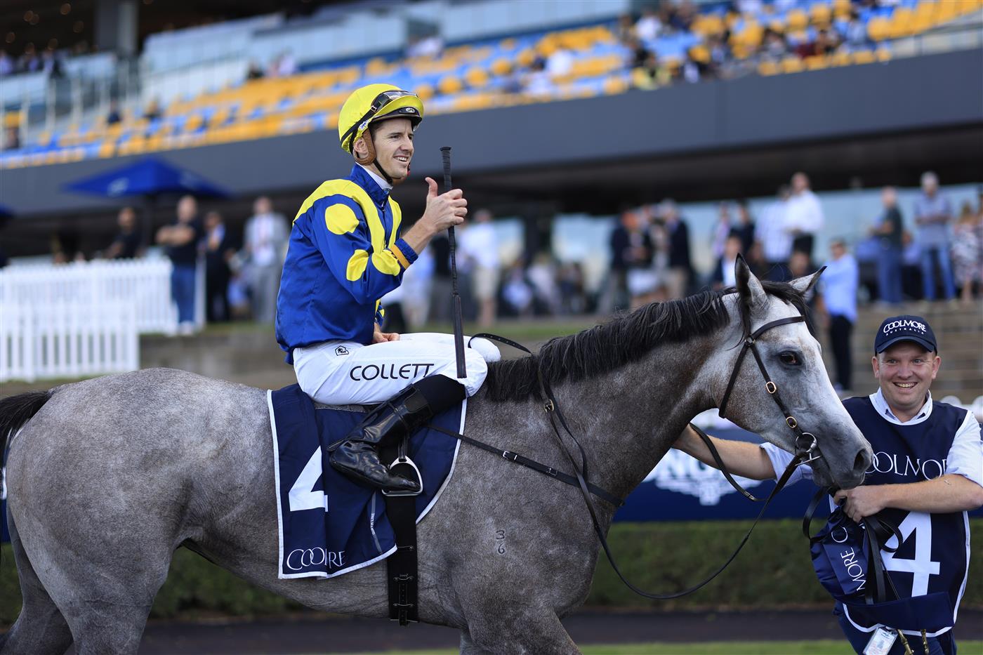 SYDNEY, AUSTRALIA - MARCH 12: Jason Collett on Lighthouse returns to scale after winning race 8 the Coolmore Classic during Sydney Racing Chandon Ladies Day at Rosehill Gardens on March 12, 2022 in Sydney, Australia. (Photo by Mark Evans/Getty Images)