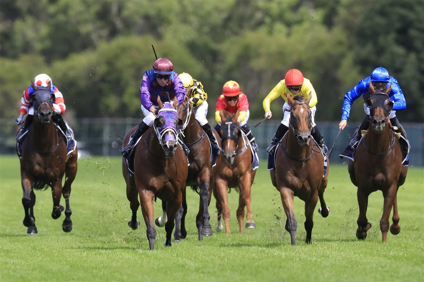 SYDNEY, AUSTRALIA - MARCH 12: Tommy Berry on Shelby Sixtysix (purple) wins race 5 the City Tattersalls Group Maurice McCarten Stakes during Sydney Racing Chandon Ladies Day at Rosehill Gardens on March 12, 2022 in Sydney, Australia. (Photo by Mark Evans/Getty Images)
