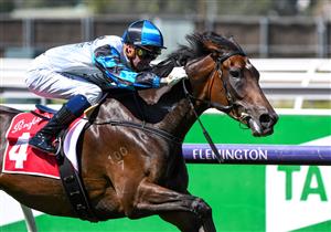 MELBOURNE, AUSTRALIA - MARCH 12: Blaike McDougall riding Flying Mascot winning Race 2, the Penfolds Max's Rosé Matron Stakes, during Melbourne Racing at Flemington Racecourse on March 12, 2022 in Melbourne, Australia. (Getty)