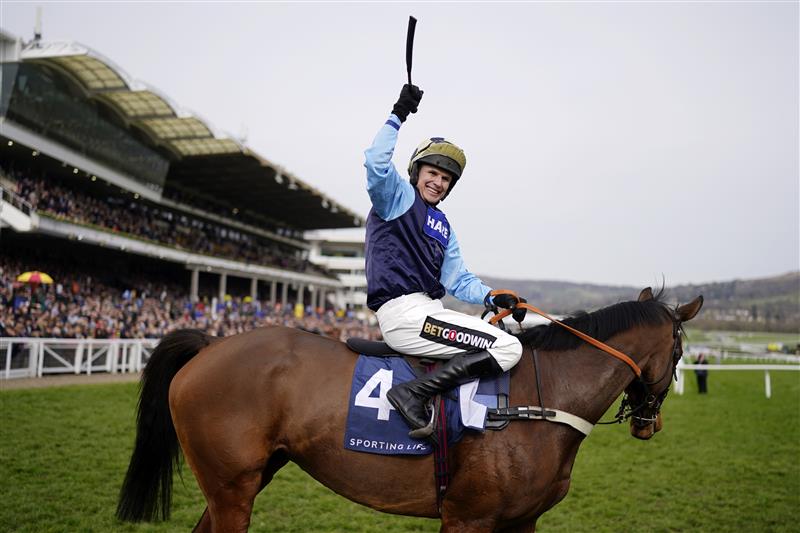 CHELTENHAM, ENGLAND - MARCH 15: Tom Cannon on Edwardstone celebrates victory after the Arkle Chase race during day one of the Cheltenham Festival 2022 at Cheltenham Racecourse on March 15, 2022 in Cheltenham, England. (Photo by Alan Crowhurst/Getty Images)
