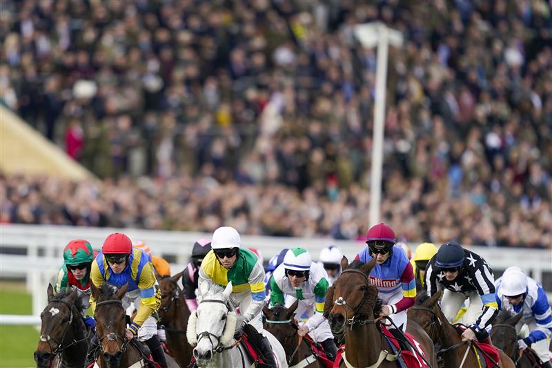 CHELTENHAM, ENGLAND - MARCH 15: A general view as runners turn away from the grandstand during The Ultima Handicap Chase on day one of The Festival at Cheltenham Racecourse on March 15, 2022 in Cheltenham, England. (Photo by Alan Crowhurst/Getty Images)