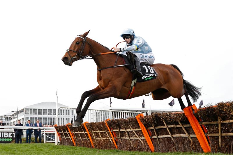 Jockey Rachael Blackmore jumps the final hurdle on Honeysuckle on their way to victory in the Champion Hurdle on the first day of the Cheltenham Festival at Cheltenham Racecourse, in Cheltenham, England on March 15, 2022. (Photo by Adrian DENNIS / AFP) (Photo by ADRIAN DENNIS/AFP via Getty Images)